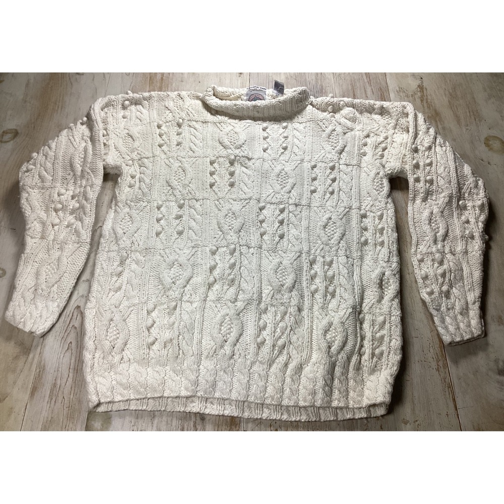 Vintage Cape Isle Knitters Hand Knitted Cable Popcorn Sweater Cream White Mens M